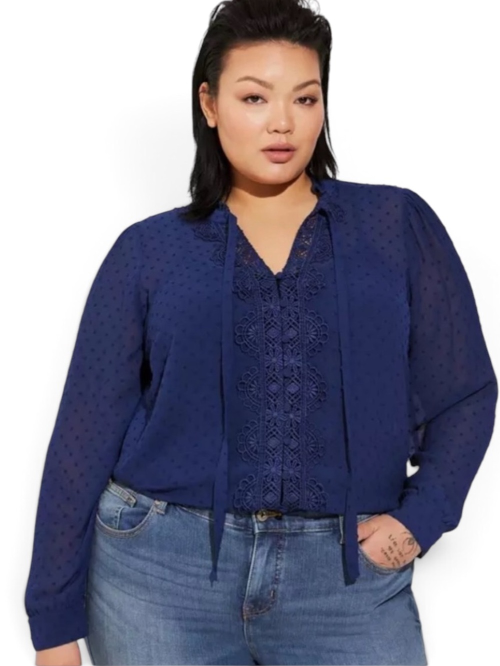 Torrid Navy Blue Crochet-Front Gauze Clip Dot Ruffle Neck Tie Front Blouse